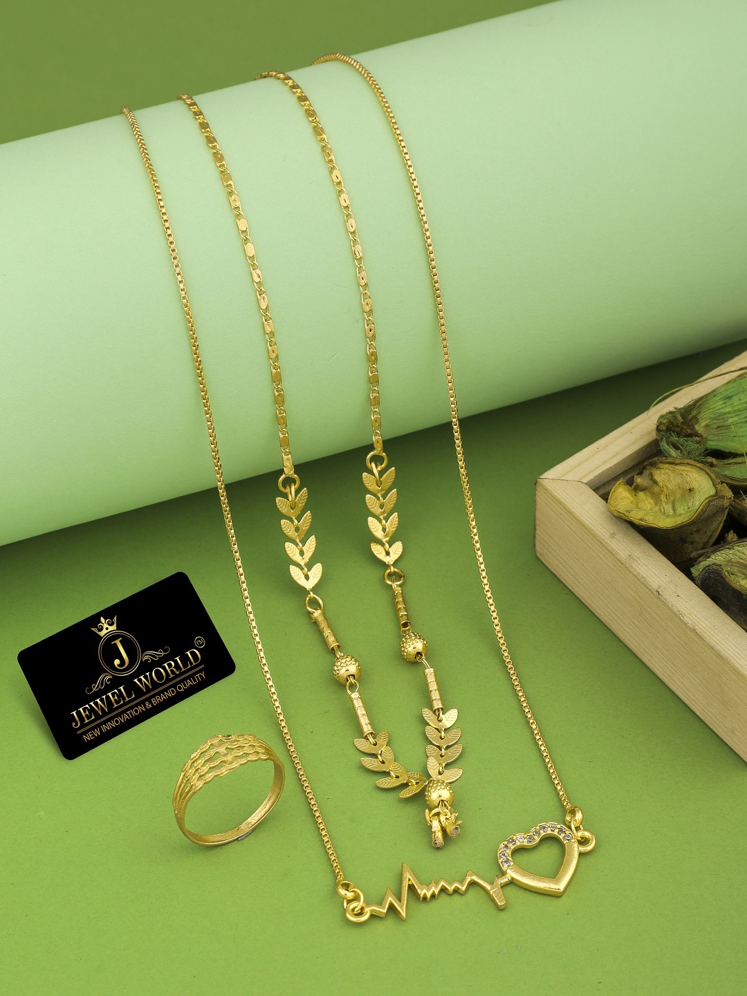 

JEWEL WORLD Set Of 3 Gold-Plated Stone Studded Mangalsutra With Ring
