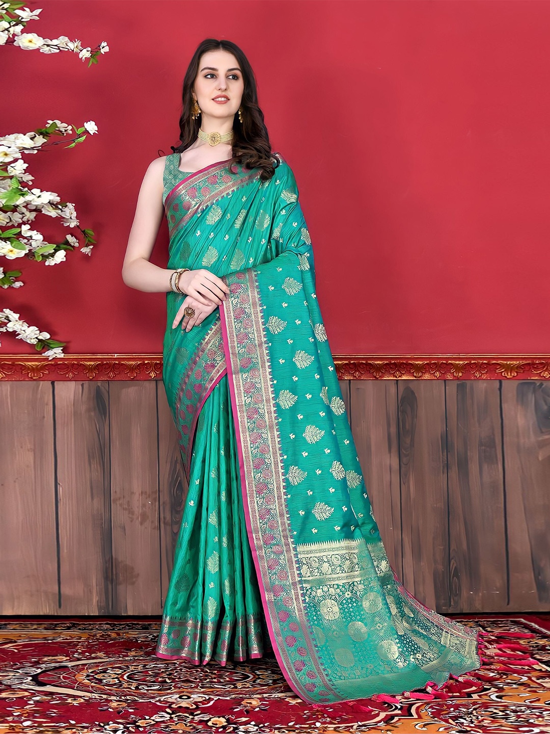 

Mitera Blue & Pink Ethnic Motif Zari Silk Blend Banarasi Saree With Blouse Piece