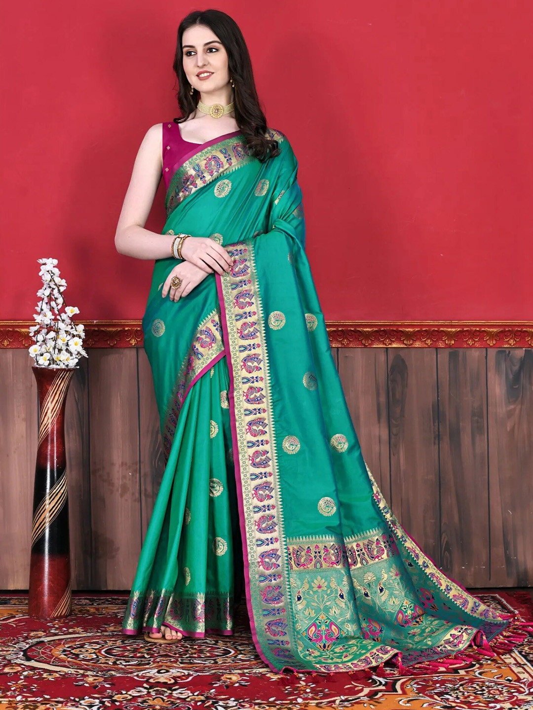 

Mitera Sea Green & Pink Ethnic Woven Design Zari Paithani Saree