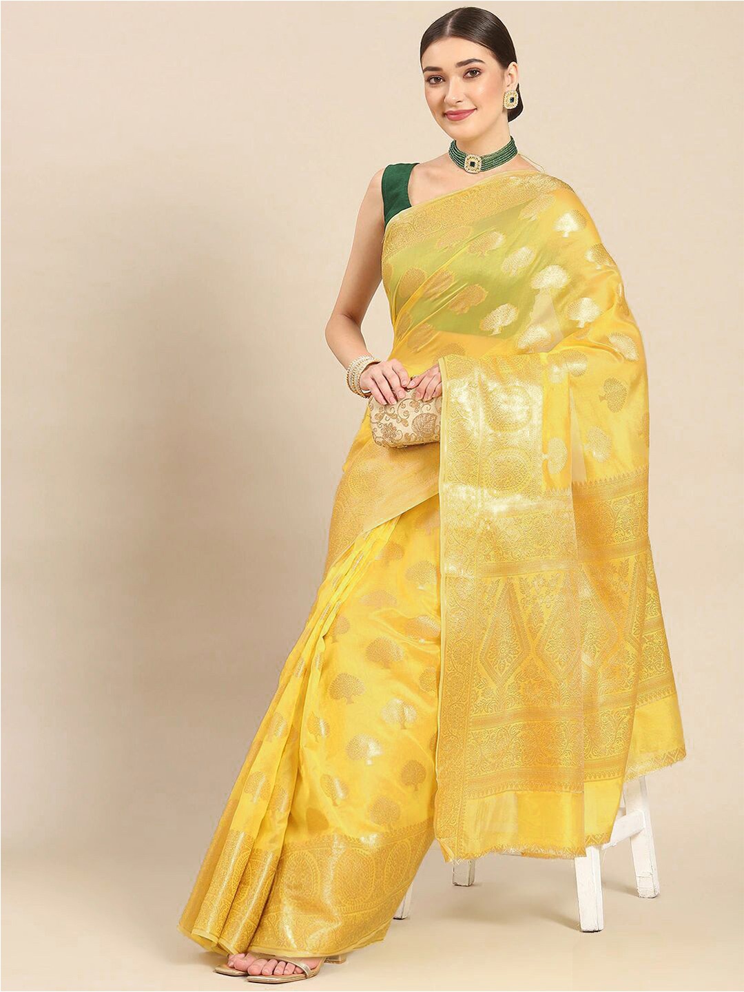 

Mitera Yellow & Gold-Toned Ethnic Motif Woven Design Zari Organza Banarasi Saree