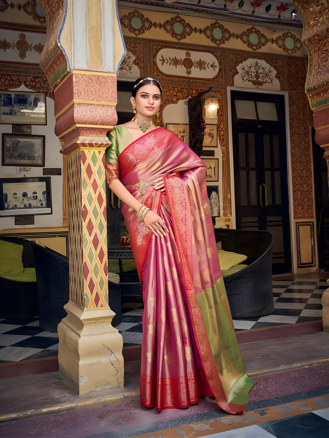 

Mitera Magenta & Green Ethnic Motif Zari Silk Blend Dharmavaram Saree With Blouse Piece