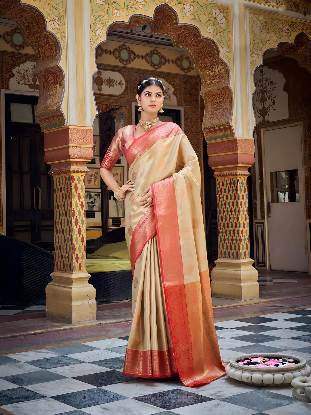 

Mitera Cream-Coloured & Pink Woven Design Zari Dharmavaram Saree