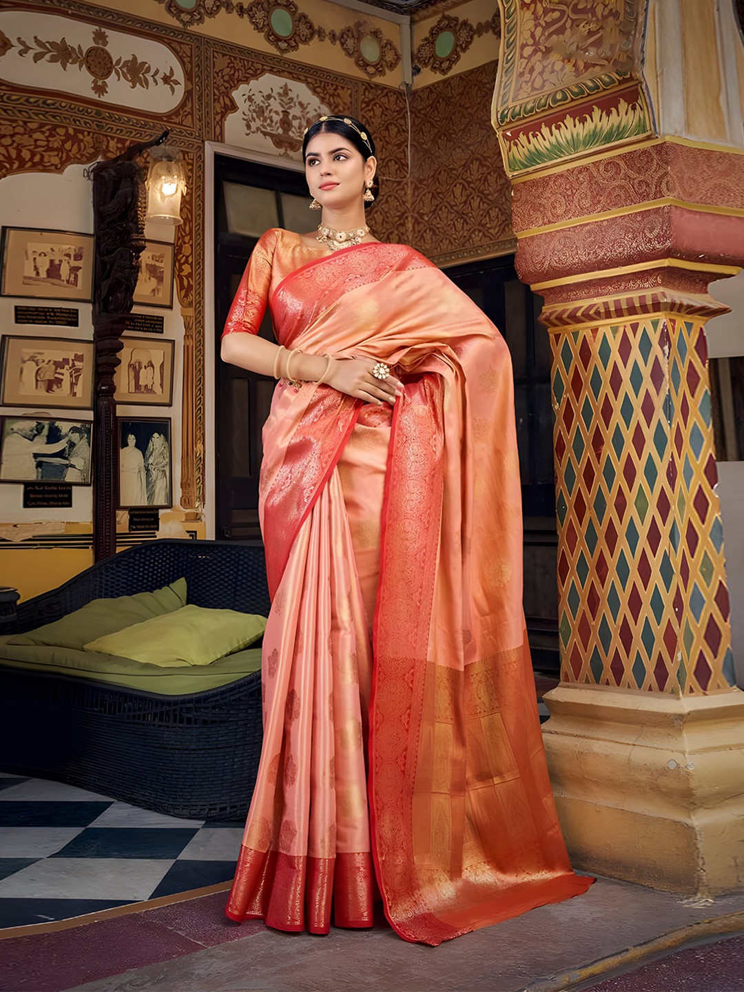 

Mitera Peach-Coloured & Red Woven Design Zari Dharmavaram Saree