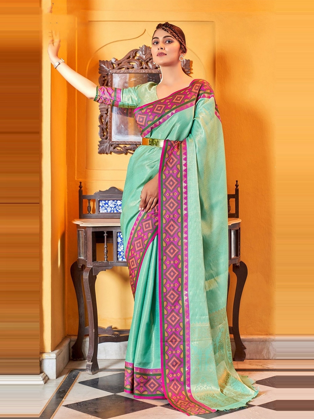 

Mitera Turquoise Woven Design Zari Saree, Turquoise blue