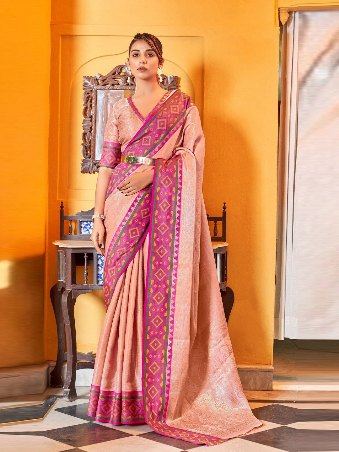 

Mitera Pink & Purple Woven Design Zari Ikat Saree