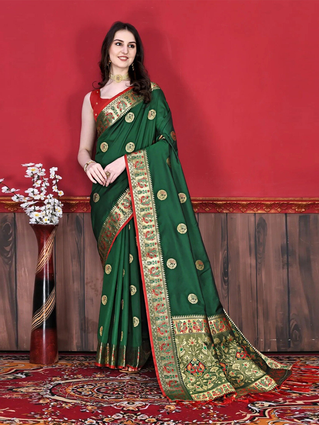 

Mitera Green & Red Woven Design Zari Paithani Saree
