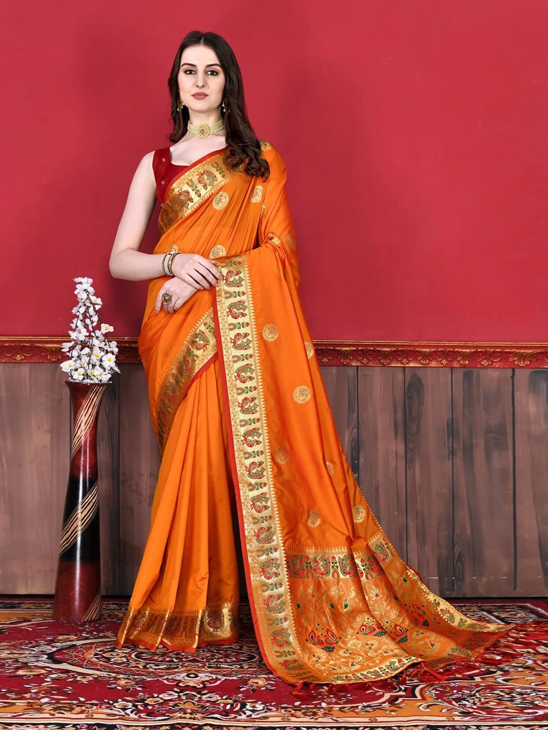 

Mitera Mustard & Green Woven Design Zari Paithani Saree