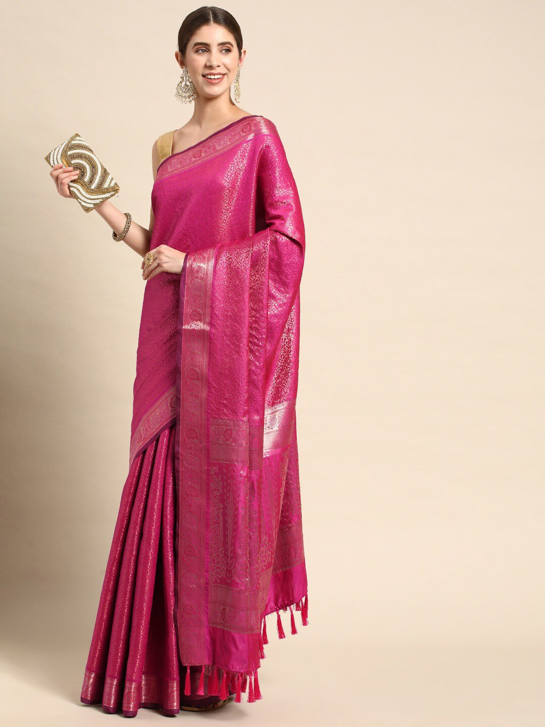 

Mitera Pink & Silver-Toned Woven Design Zari Silk Blend Banarasi Saree