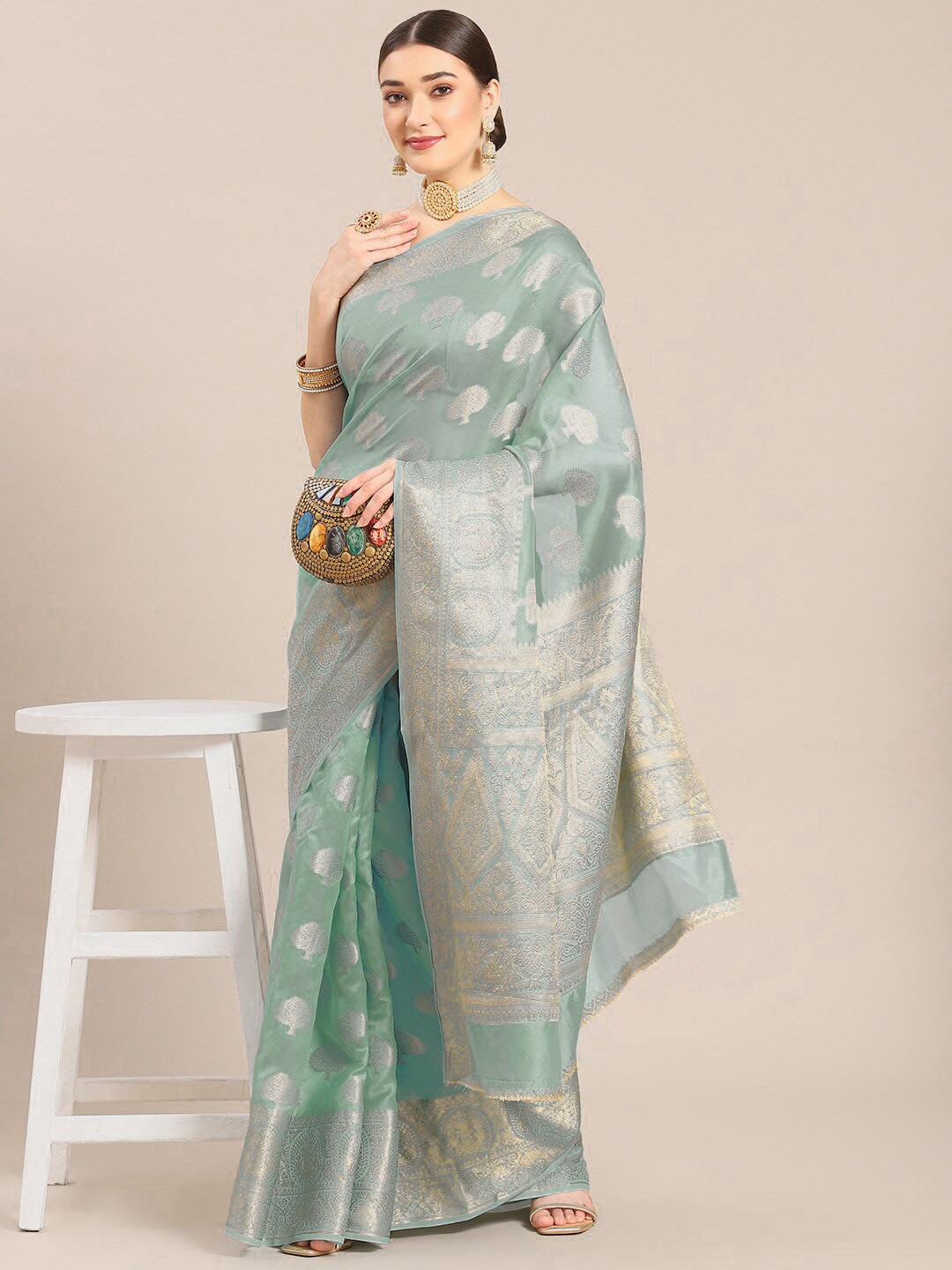 

Mitera Grey & Silver-Toned Ethnic Woven Design Zari Organza Banarasi Saree