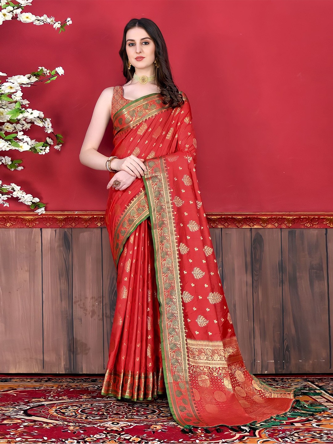 

Mitera Red & Green Woven Design Zari Banarasi Saree