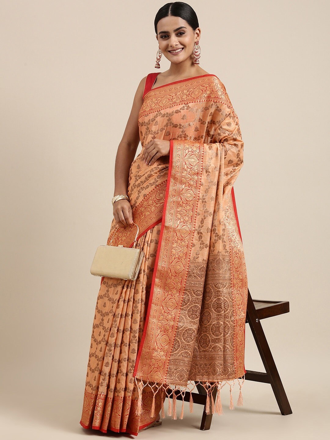 

Mitera Coral & Red Woven Design Zari Banarasi Saree