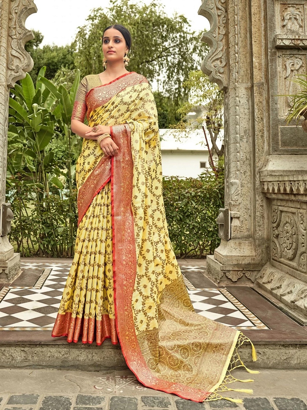 

Mitera Mustard & Red Ethnic Woven Design Zari Banarasi Saree