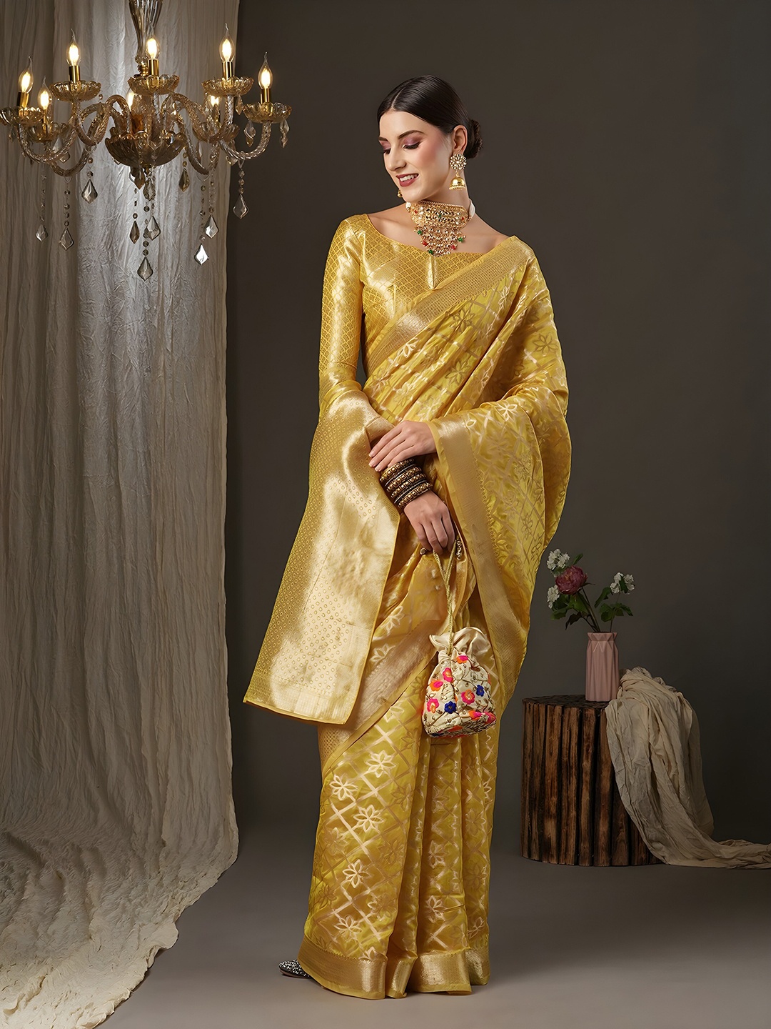 

Mitera Yellow & Gold-Toned Woven Design Zari Organza Banarasi Saree