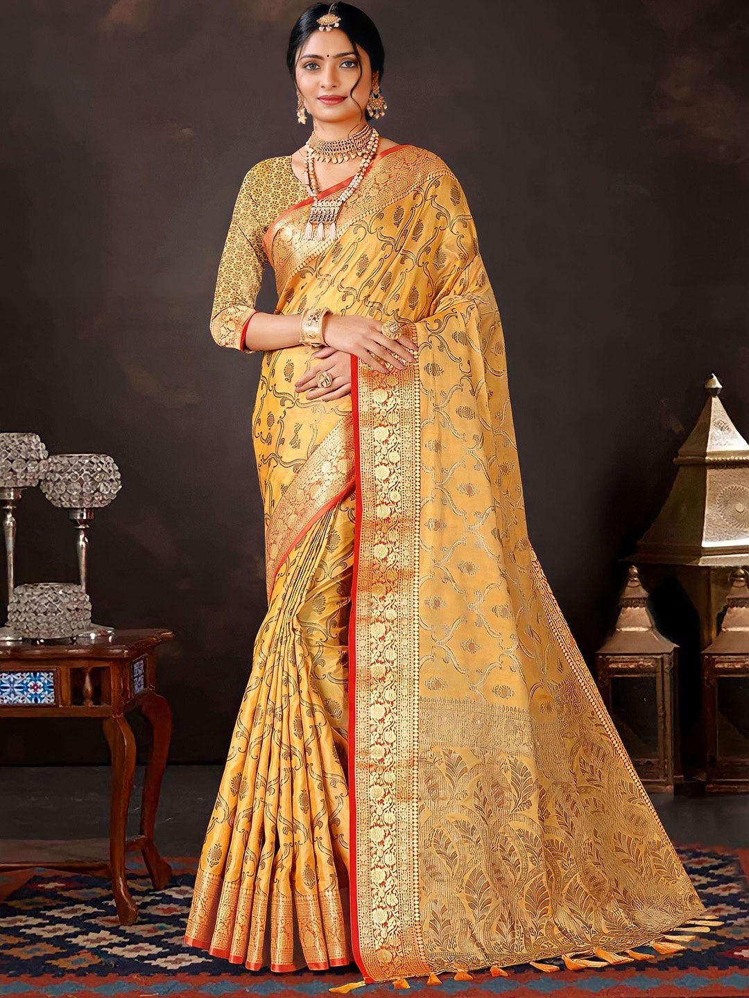 

Mitera Mustard & Red Woven Design Zari Silk Blend Banarasi Saree
