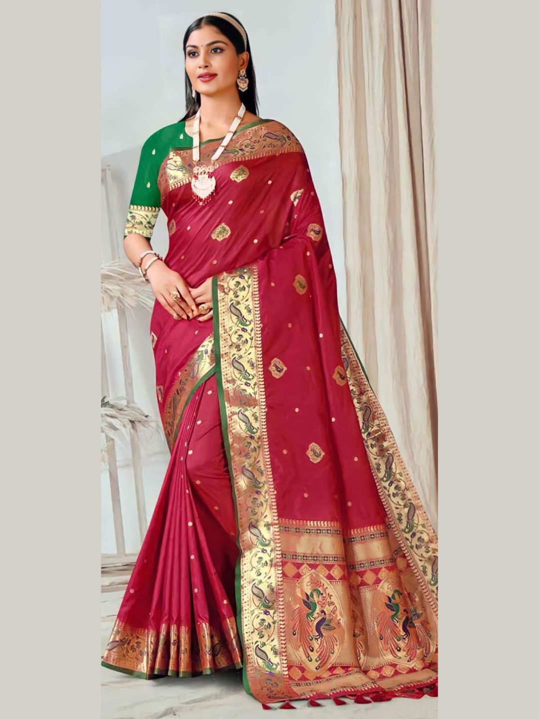 

Mitera Red & Green Ethnic Woven Design Zari Paithani Saree