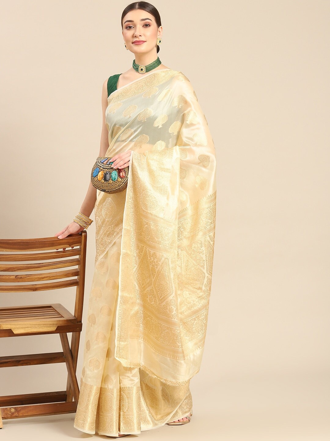 

Mitera Blue & Gold-Toned Woven Design Zari Organza Banarasi Saree