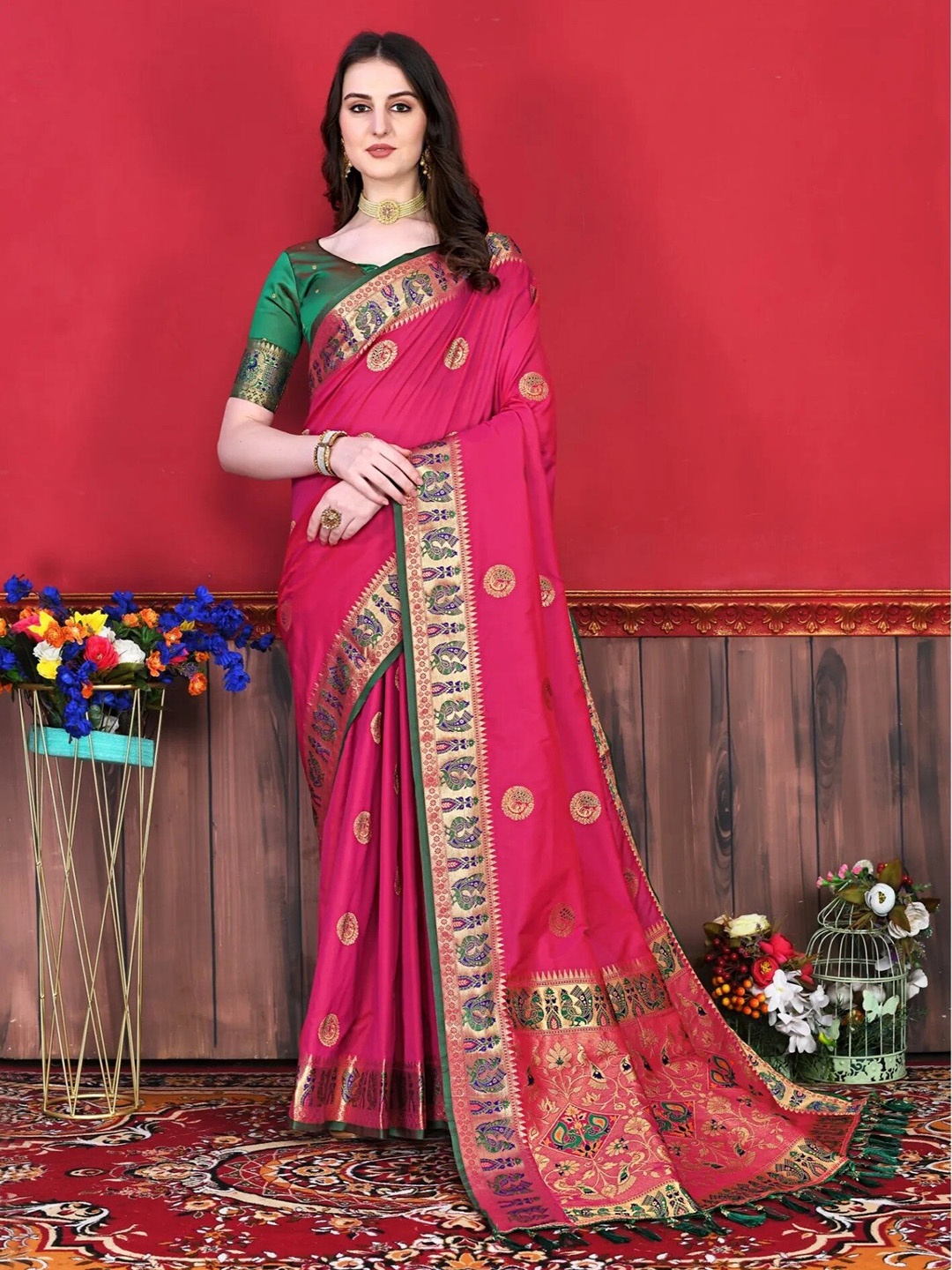 

Mitera Pink & Green Ethnic Motifs Woven Design Zari Banarasi Saree