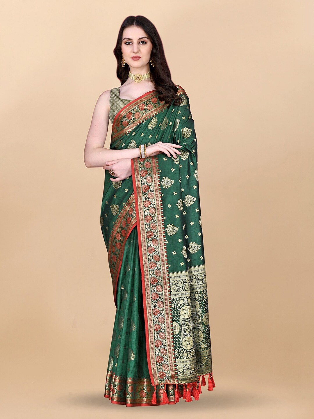 

Mitera Green & Peach Ethnic Motif Zari Silk Blend Banarasi Saree