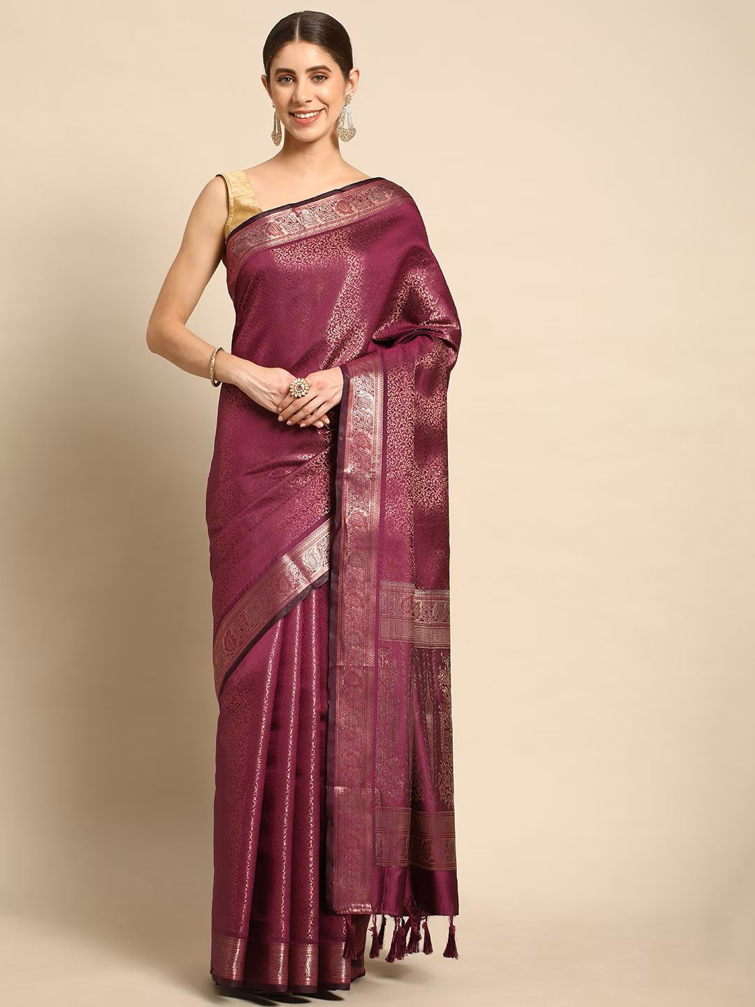 

Mitera Magenta & Gold-Toned Ethnic Woven Design Zari Banarasi Saree