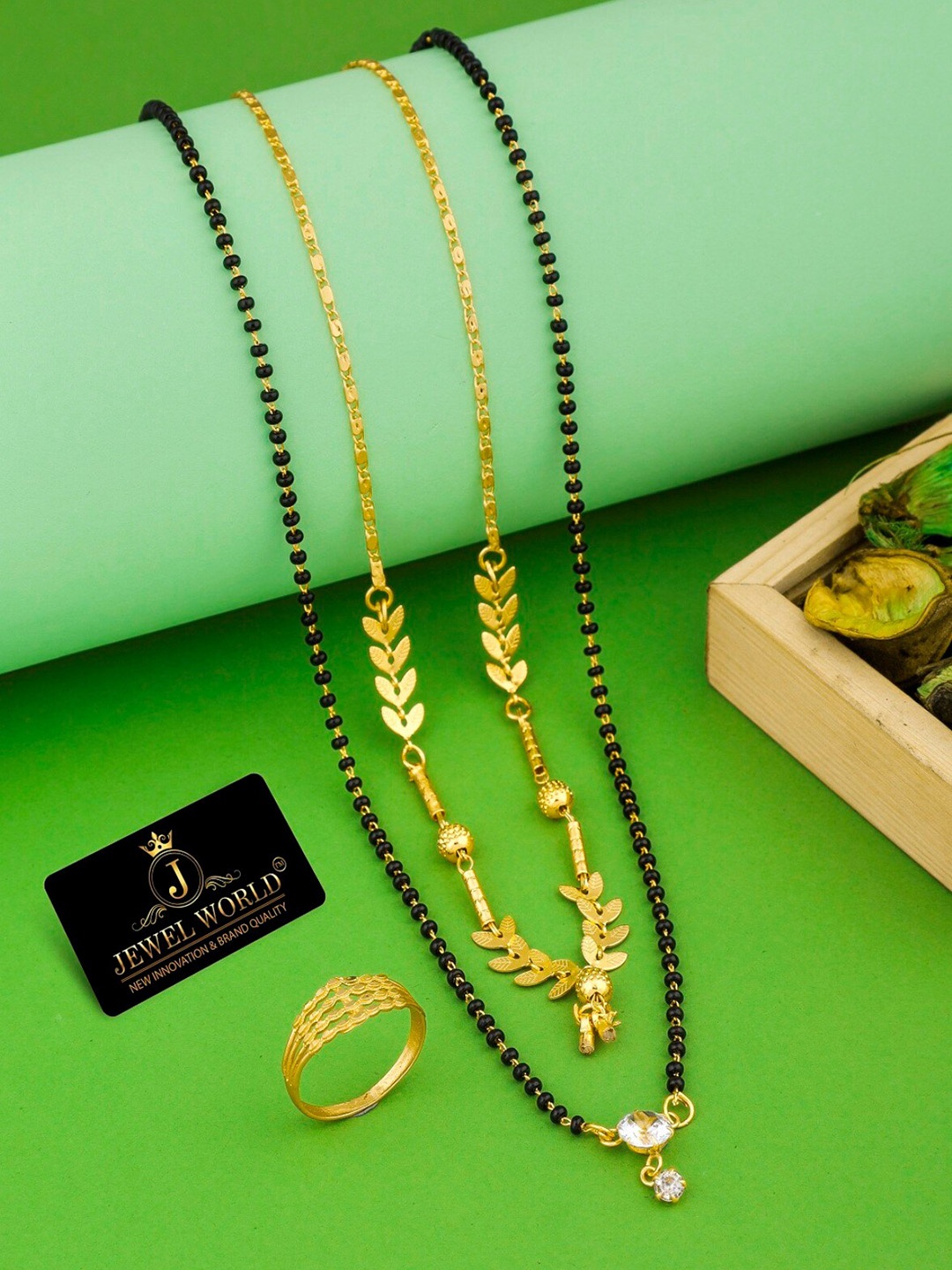 

JEWEL WORLD Gold-Plated Stone Studded & Beaded Mangalsutra & Chain With Ring