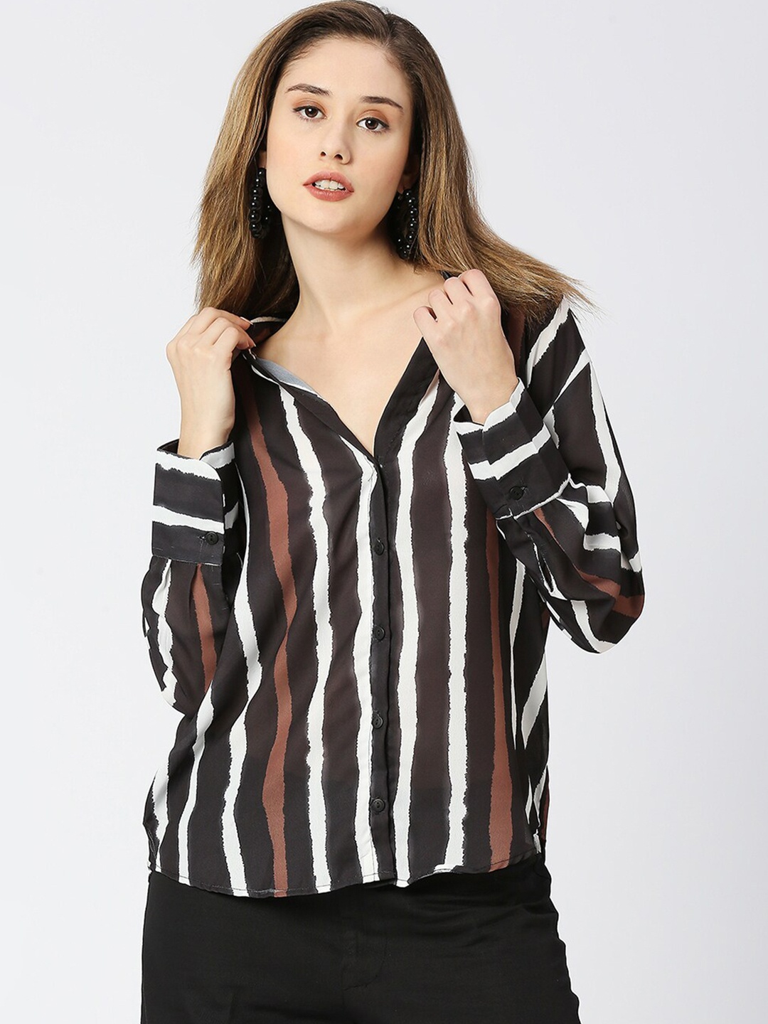 

Remanika Comfort Striped Georgette Casual Shirt, Black