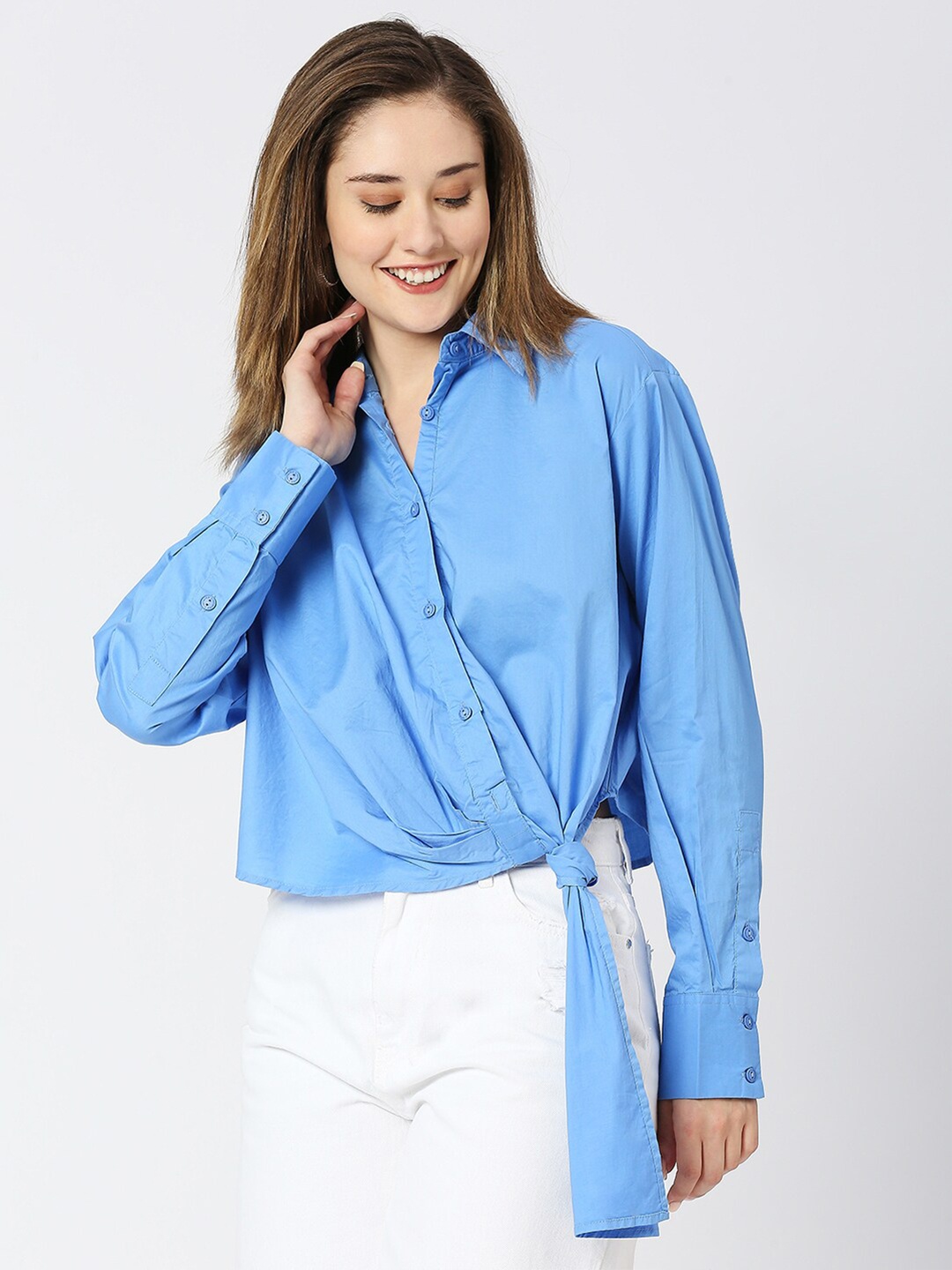 

Remanika Spread Collar Comfort Opaque Casual Shirt with Side Knot, Blue