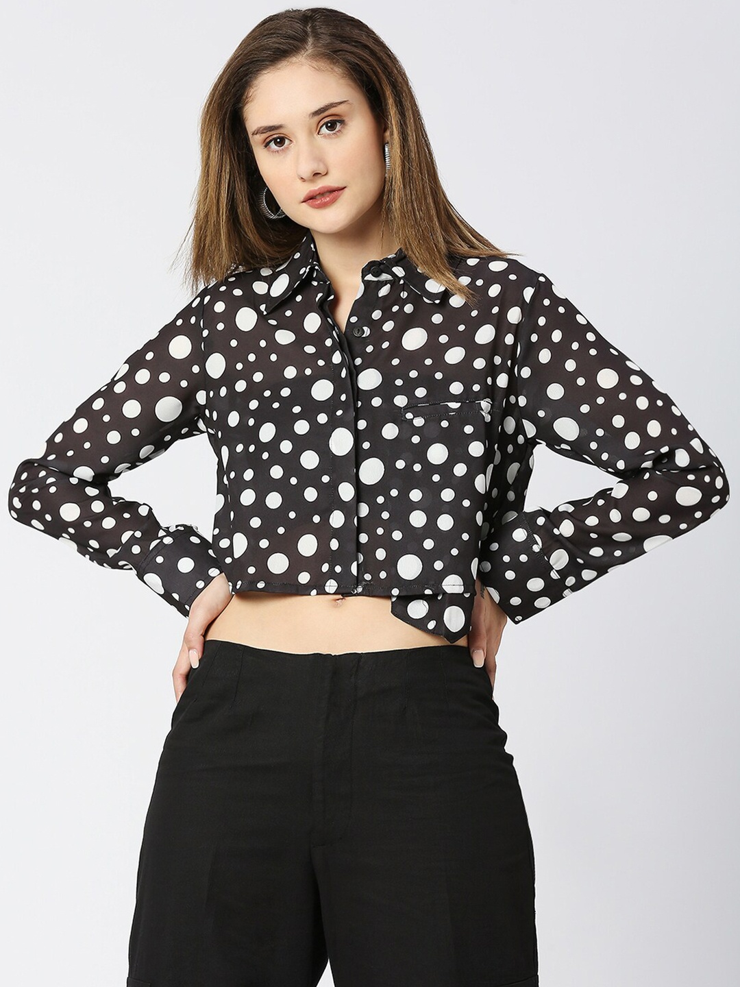 

Remanika Comfort Polka Dot Printed Crop Shirt, Black