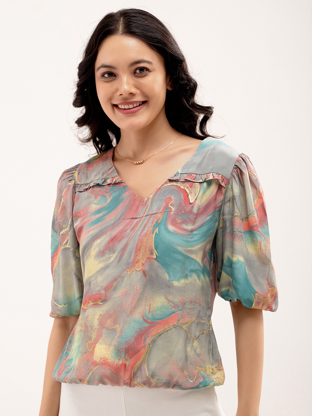 

AASK Abstract Printed Puff Sleeve Top, Grey