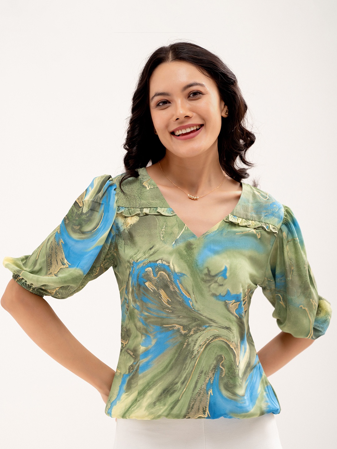 

AASK Abstract Printed Puff Sleeves Top, Green