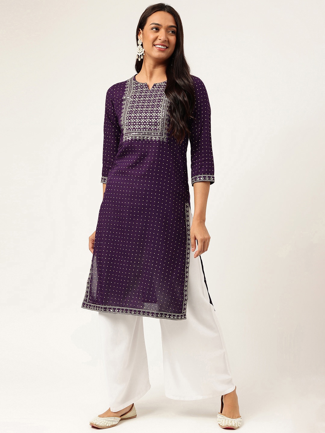 

Ashlee Ethnic Motifs Embroidered Zari Sequined Kurta, Purple