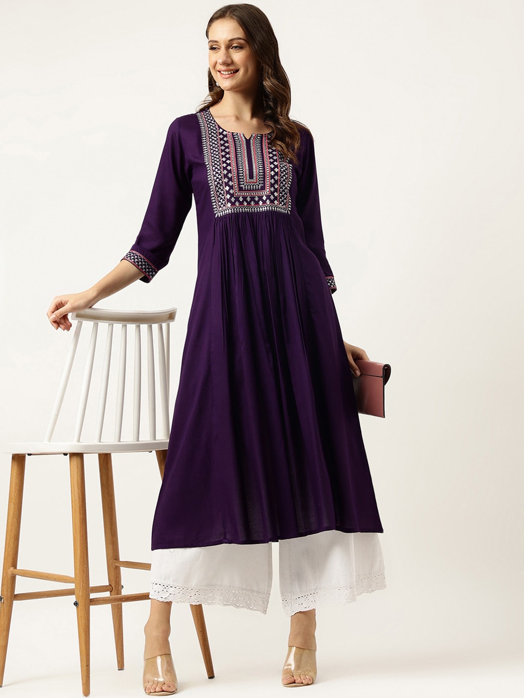 

Ashlee Women Ethnic Motifs Yoke Design Thread Work A-Line Kurta, Purple