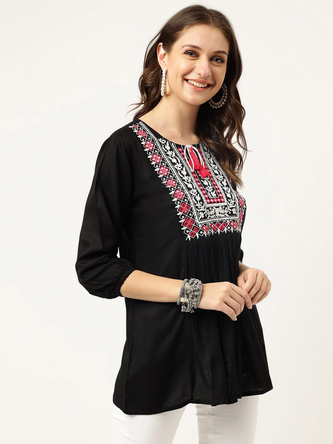 

Ashlee Black Floral Embellished Tie-Up Neck Top