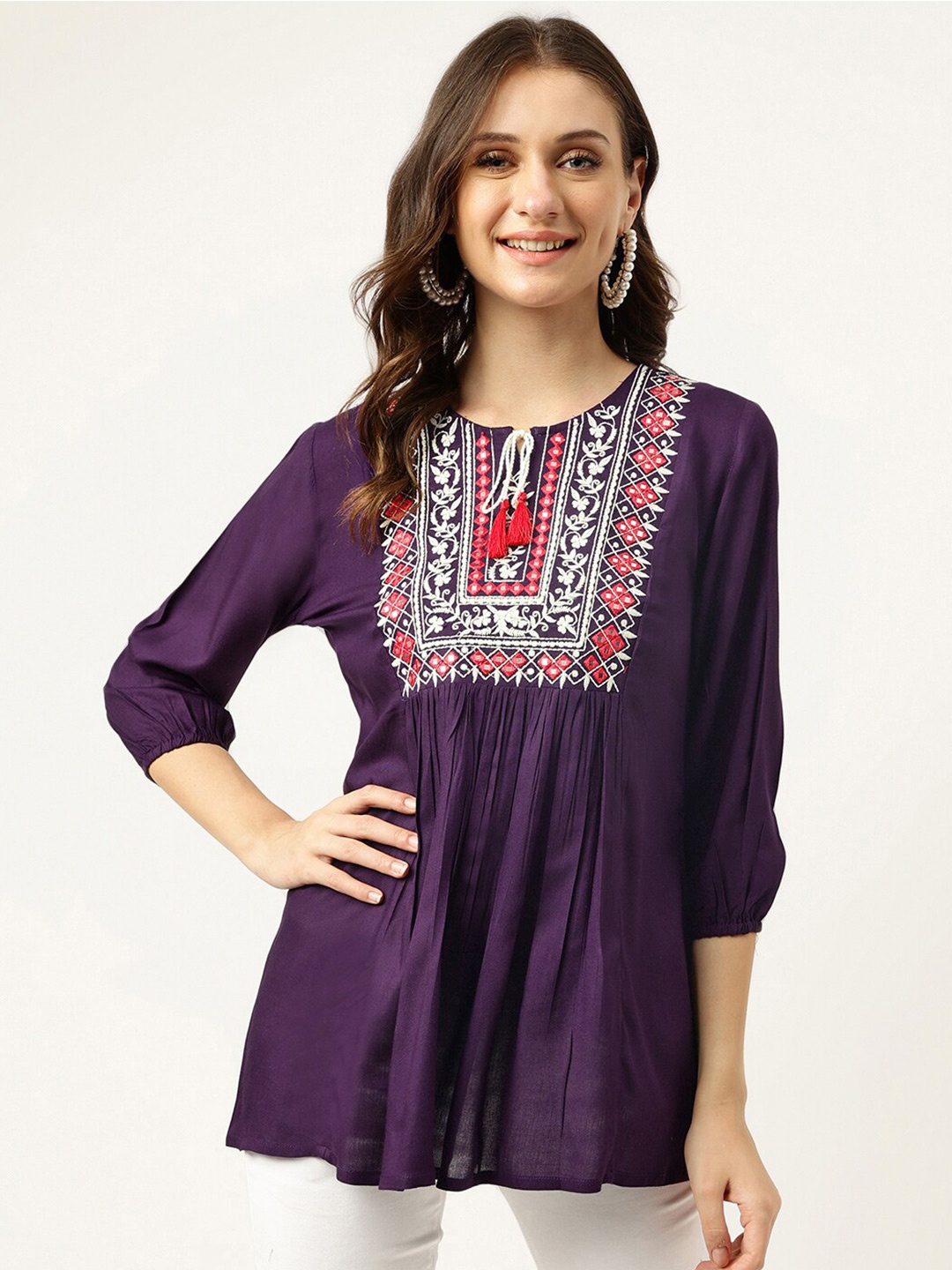 

Ashlee Floral Embroidered Tie Up Neck Puff Sleeves A-Line Top, Purple
