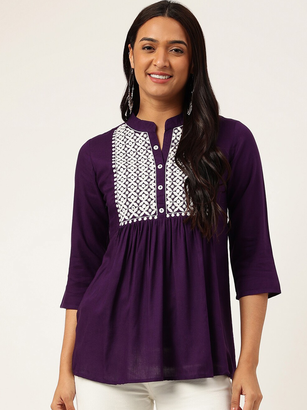 

Ashlee Mandarin Collar Embroidered A-Line Top, Purple