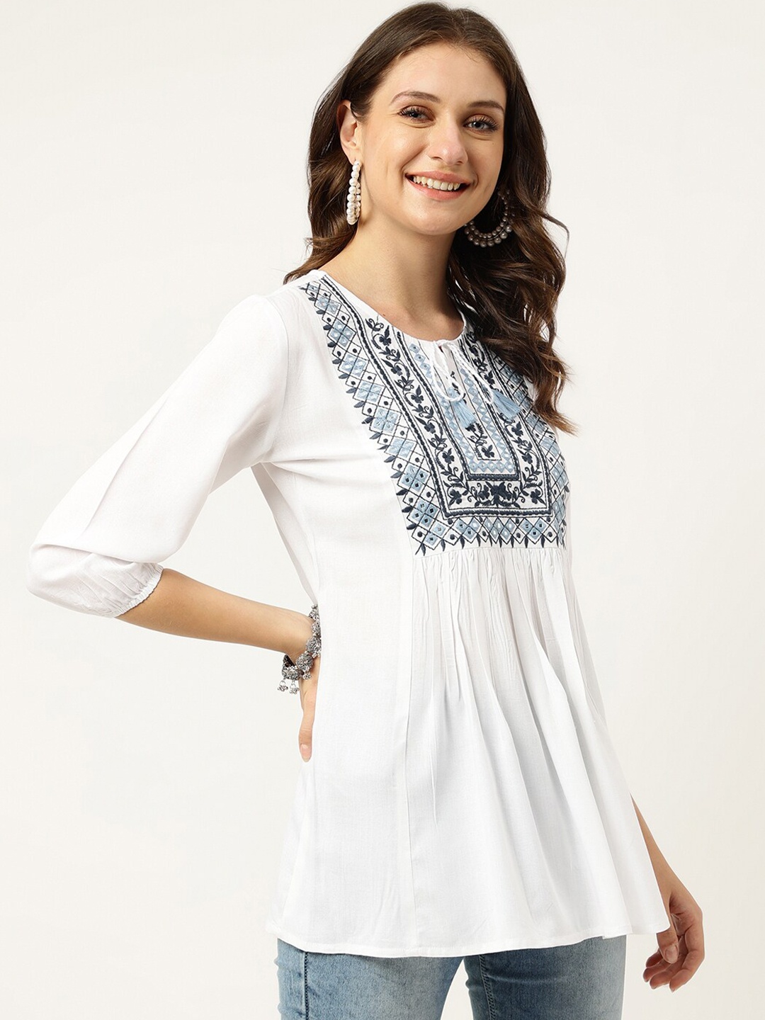 

Ashlee Ethnic Motifs Embroidery Tie-Up Neck Top, White