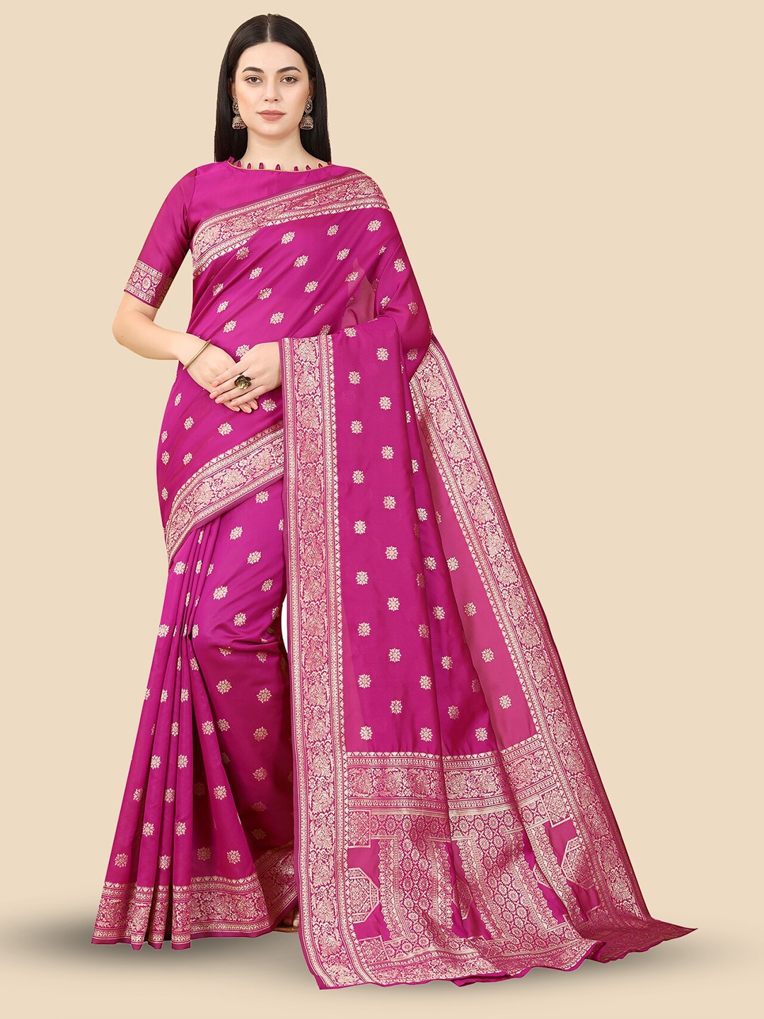 

Anjaneya Sarees Floral Woven Design Zari Banarasi Saree, Pink