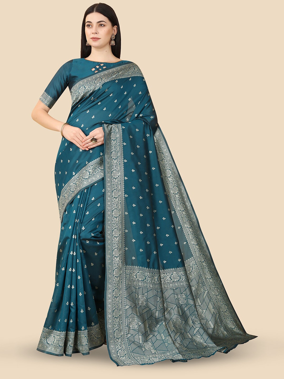 

Anjaneya Sarees Floral Woven Design Zari Banarasi Saree, Teal
