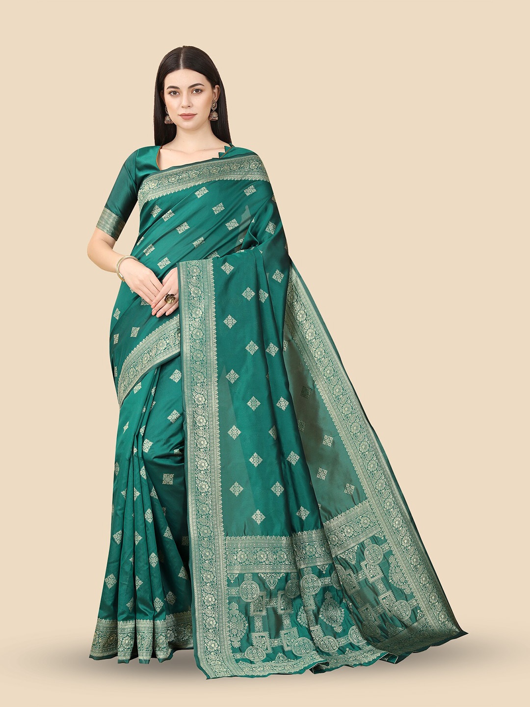 

Anjaneya Sarees Floral Woven Design Zari Banarasi Saree, Green