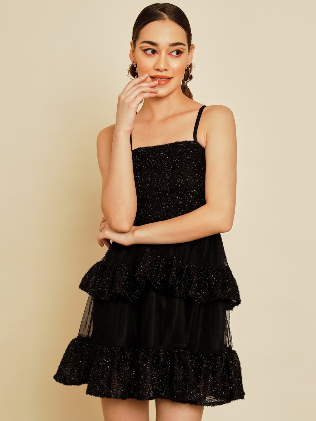 

BAESD Shoulder Straps Layered Fit & Flare Dress, Black