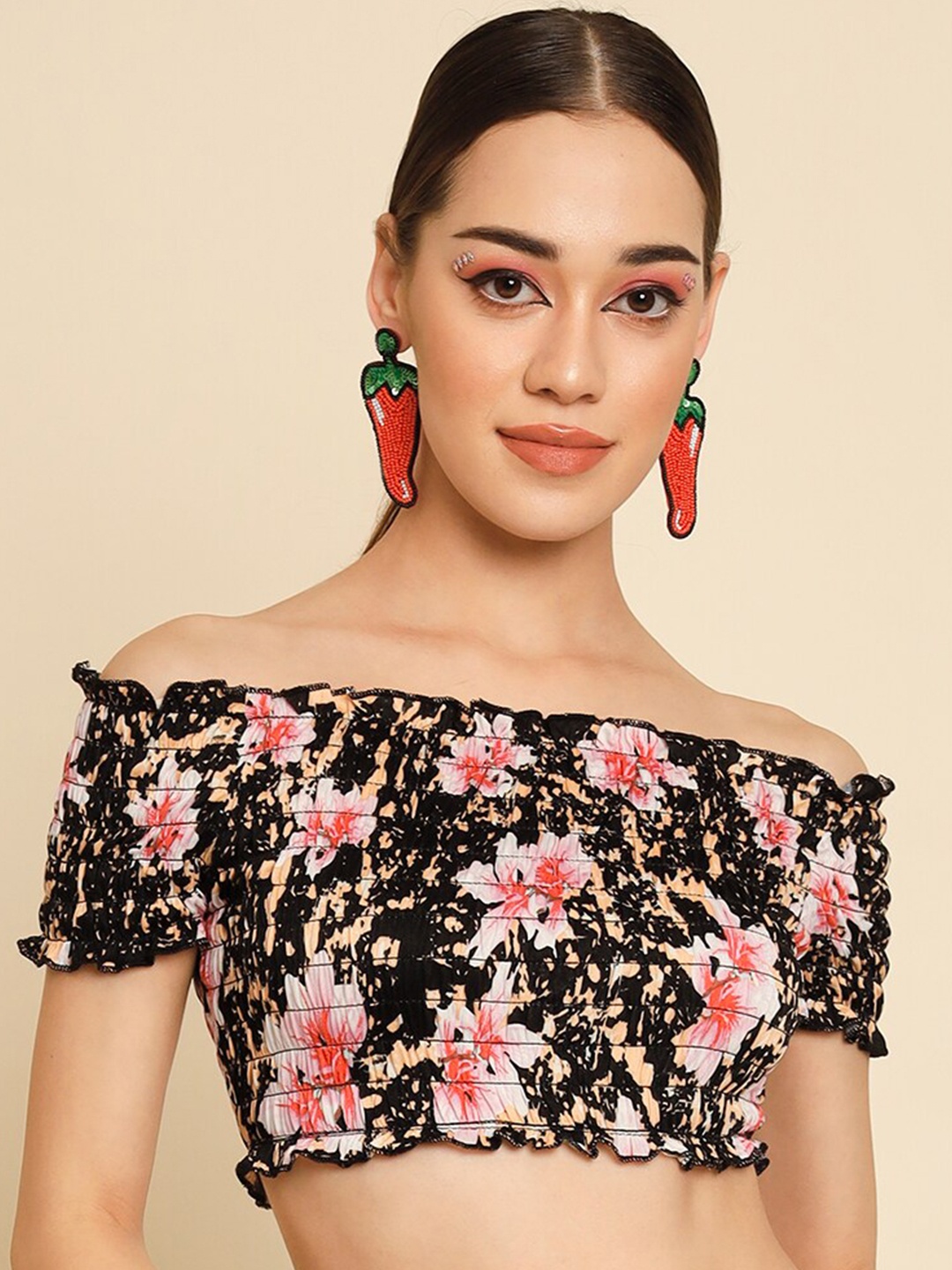 

BAESD Floral Print Off-Shoulder Bardot Crop Top, Black