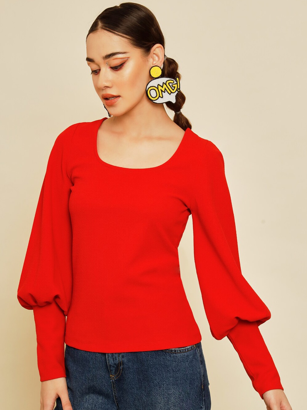 

BAESD Self Designed Cuff Sleeves Top, Red