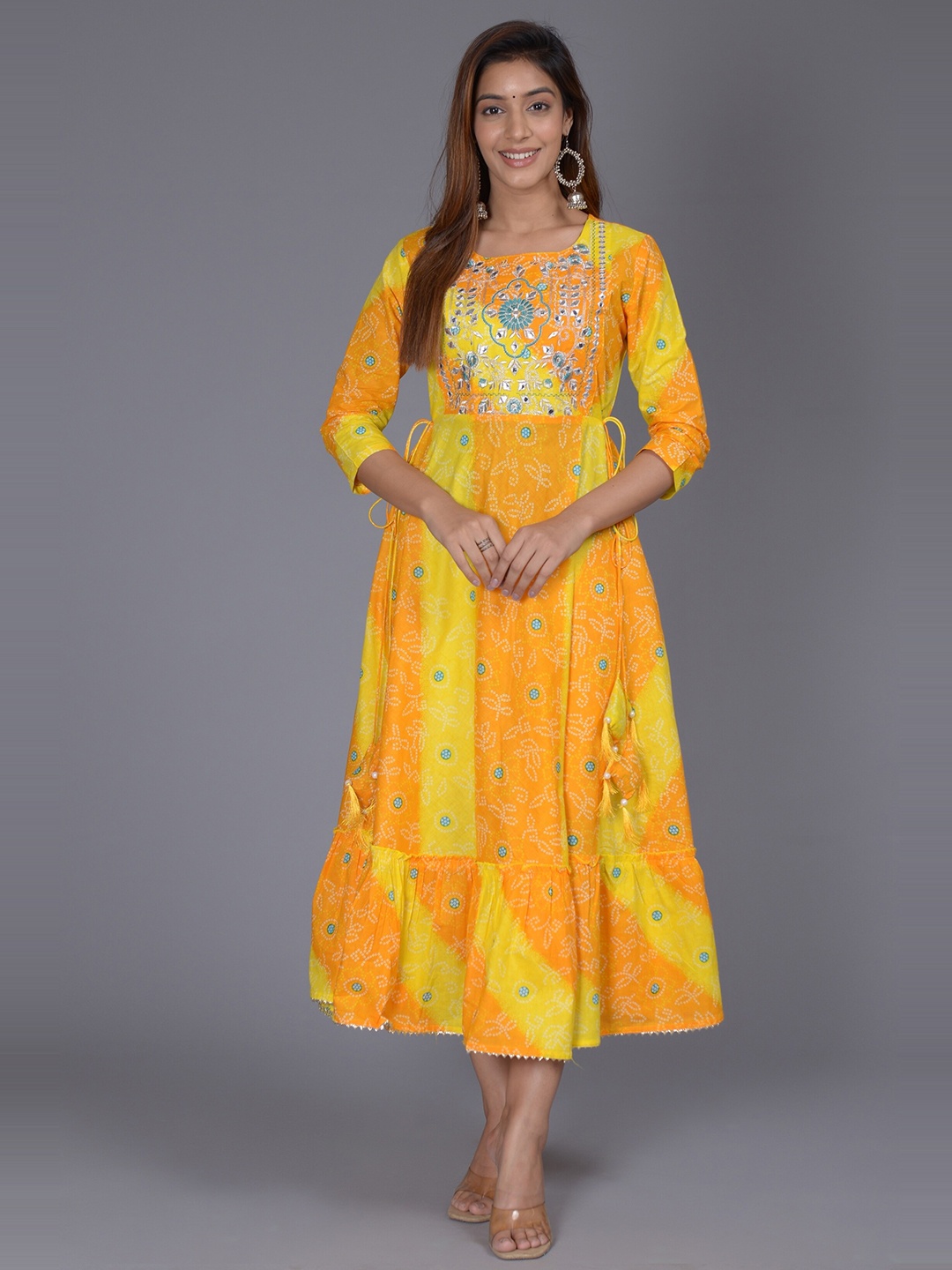

Lovista Bandhani Printed Gotta Patti Tie Up Detailed Cotton Fit & Flare Dress, Yellow