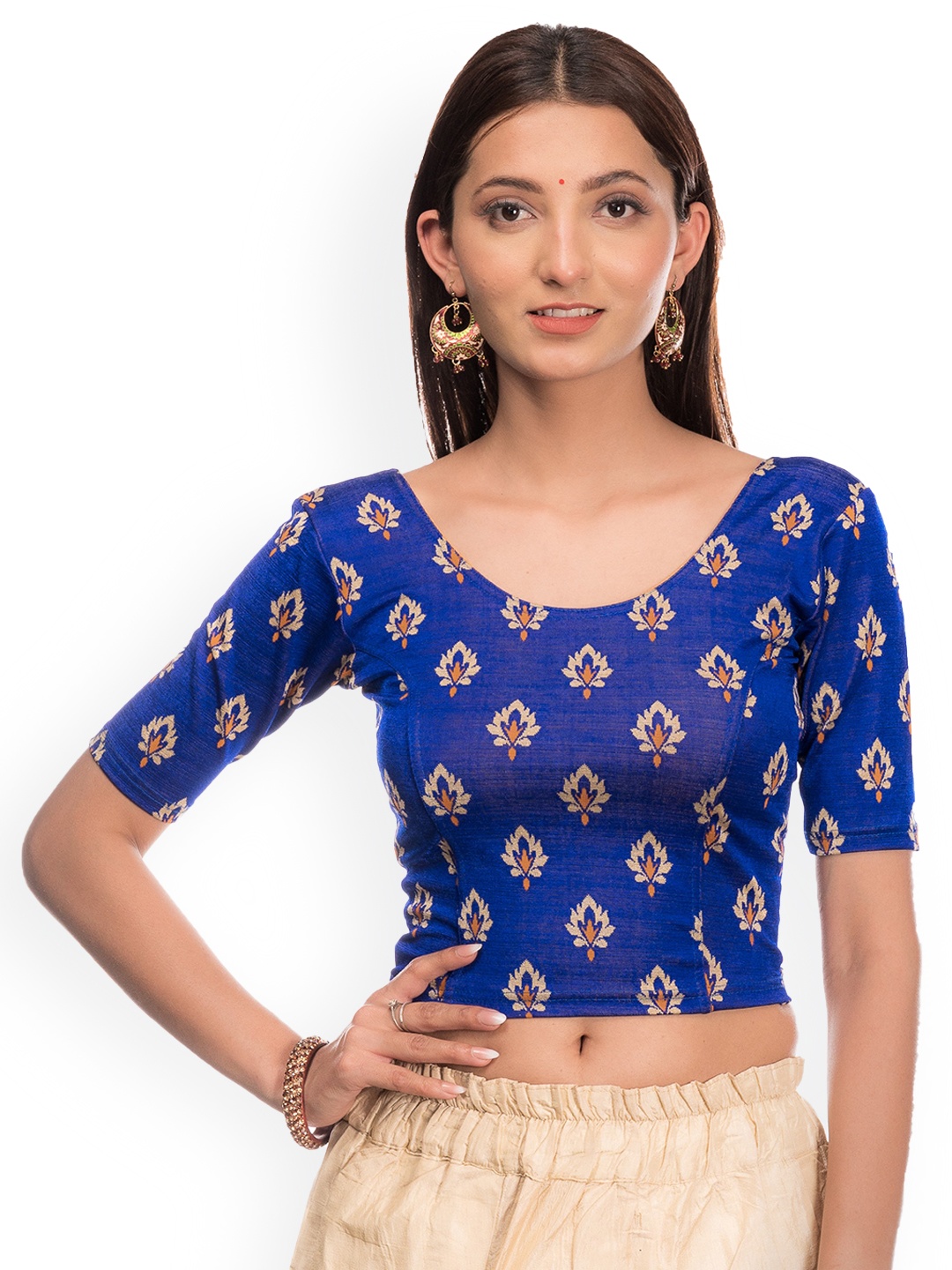 

Bindigasm's Advi Printed Stretchable Ready-to-Wear Saree Blouse, Blue