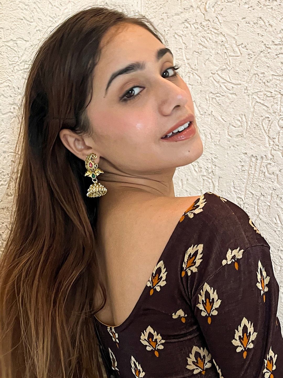 

Bindigasm's Advi Printed Stretchable Saree Blouse, Coffee brown