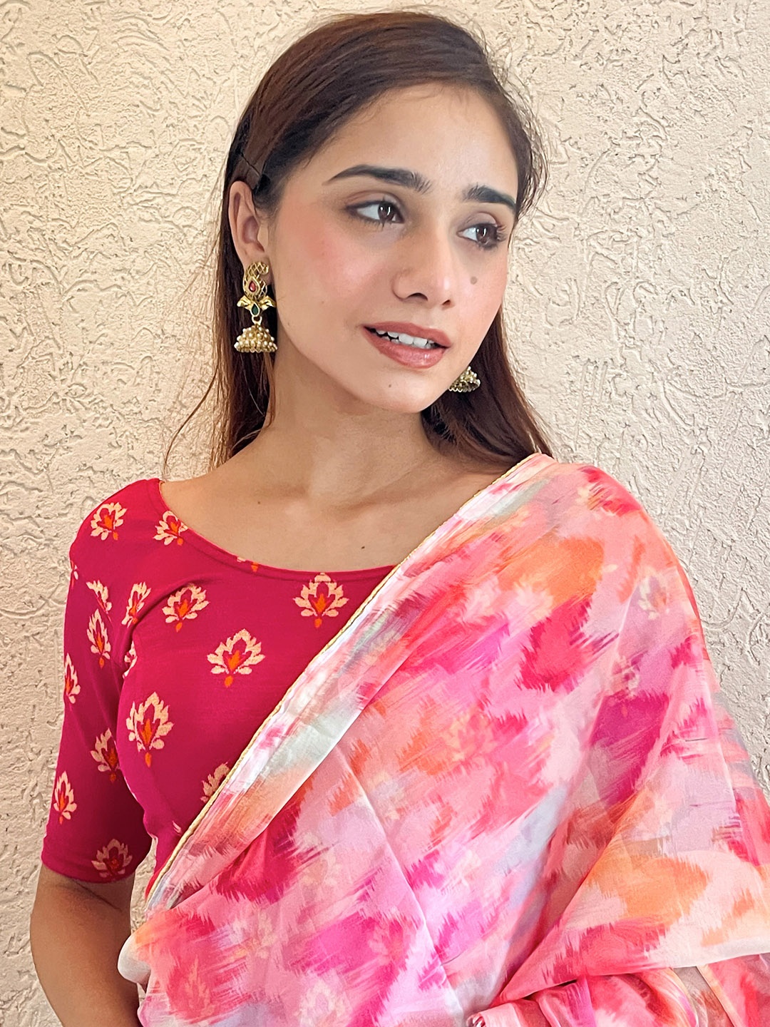 

Bindigasm's Advi Ethnic Motifs Printed Ready-to-Wear Saree Blouse, Pink