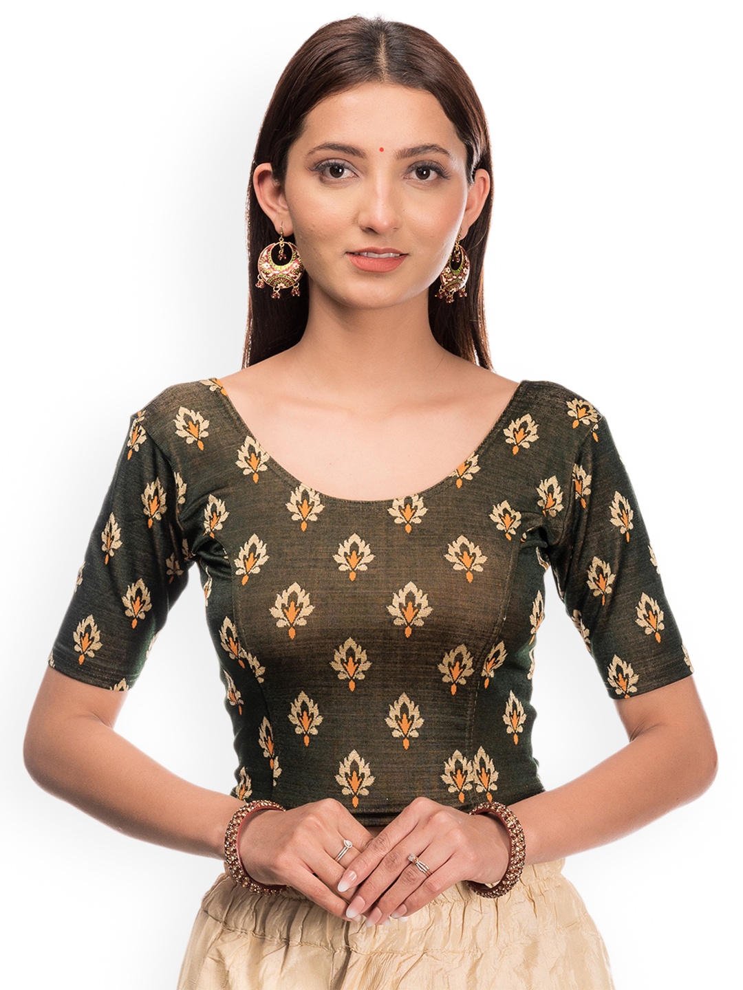 

Bindigasm's Advi Printed Stretchable Readymade Saree Blouse, Green