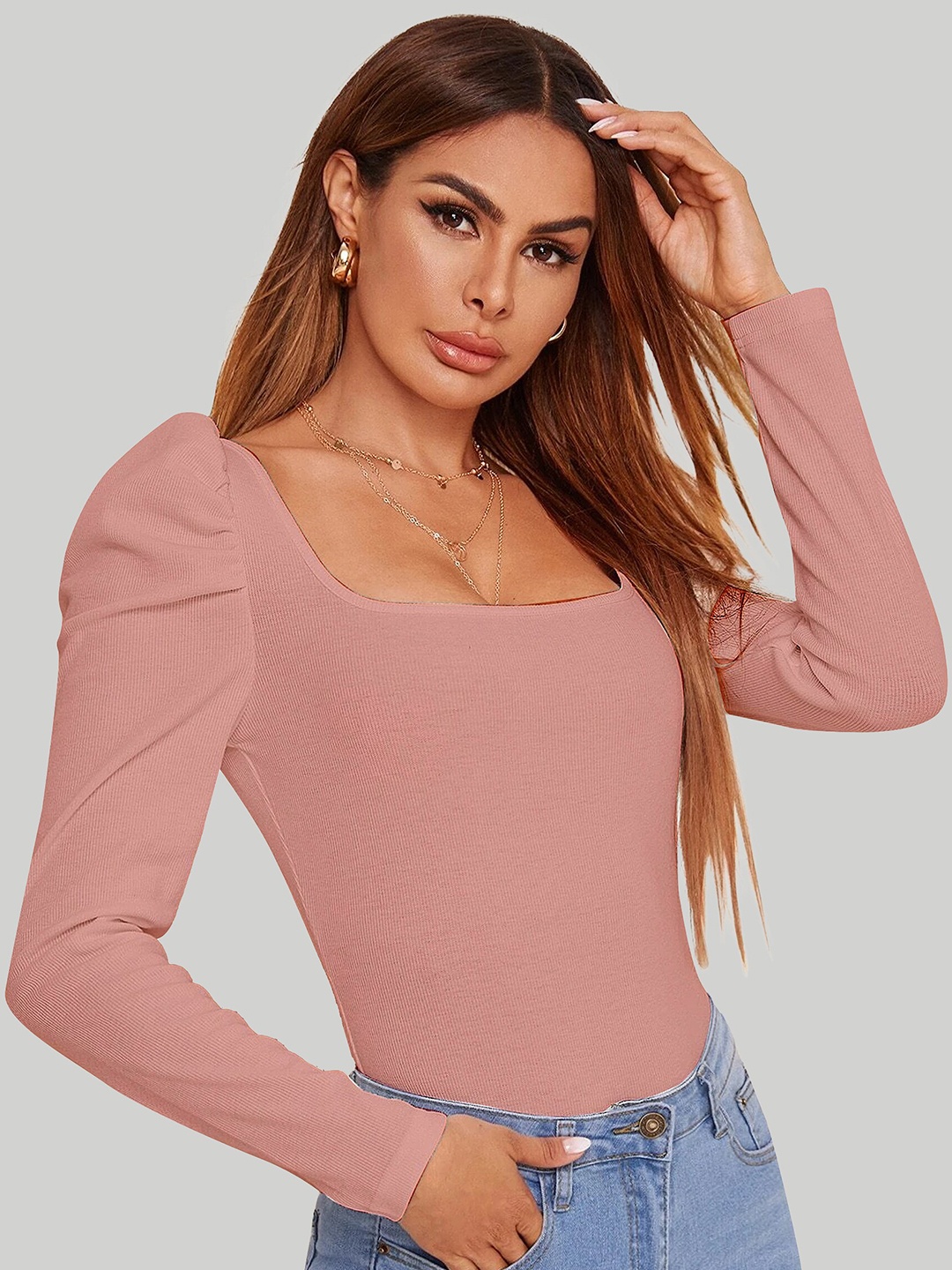 

LEE TEX Scoop Neck Puff Sleeve Top, Peach