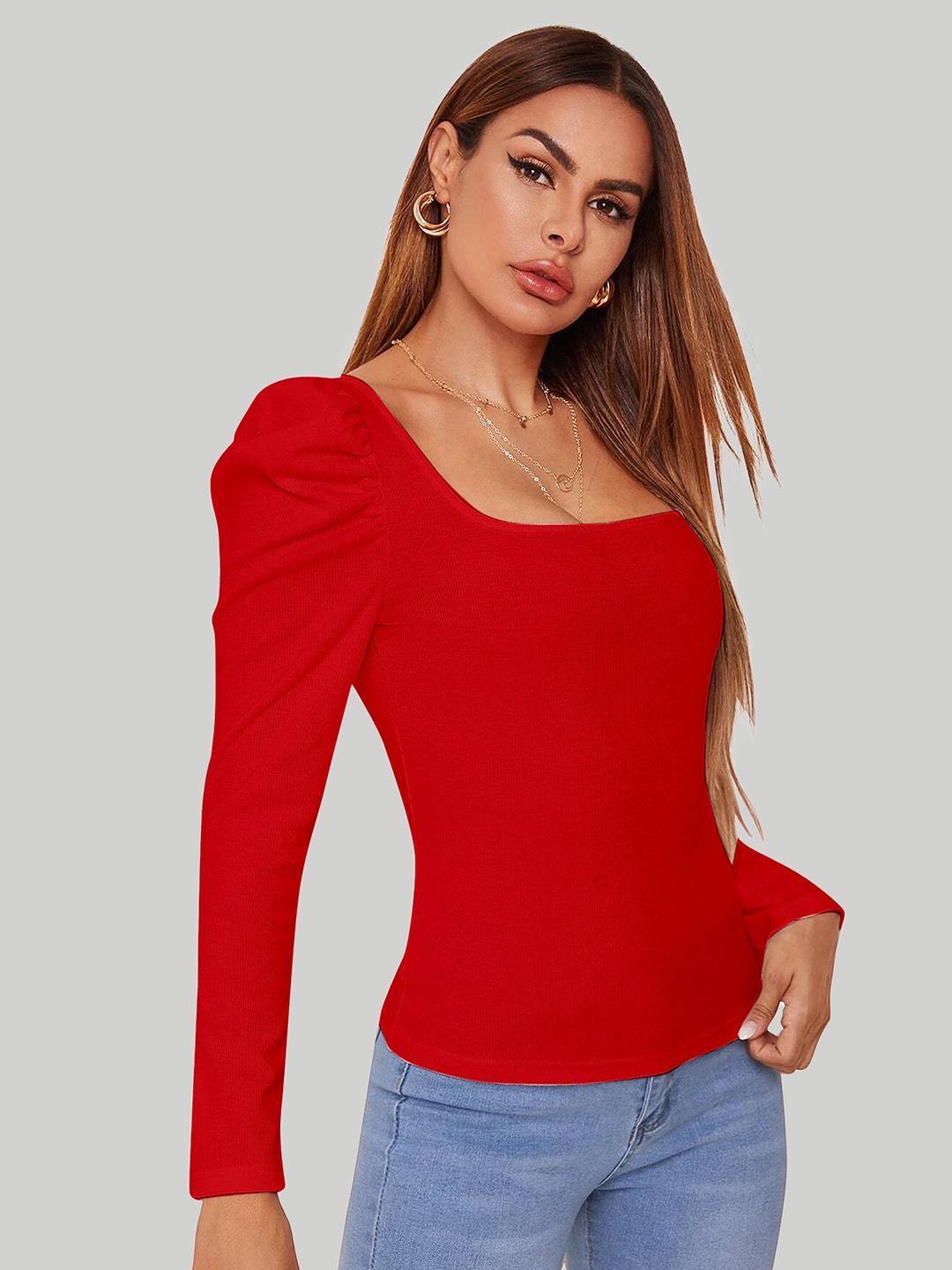 

LEE TEX Square Neck Full Sleeve Crepe Top, Red