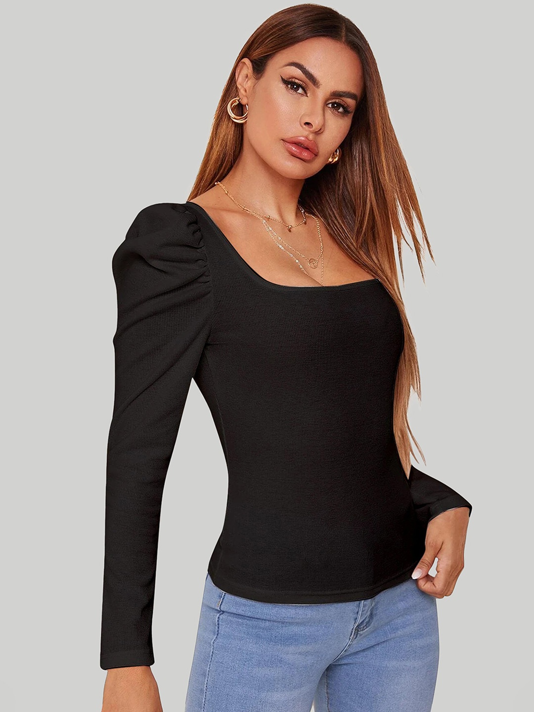

LEE TEX Square Neck Full Sleeve Crepe Top, Black