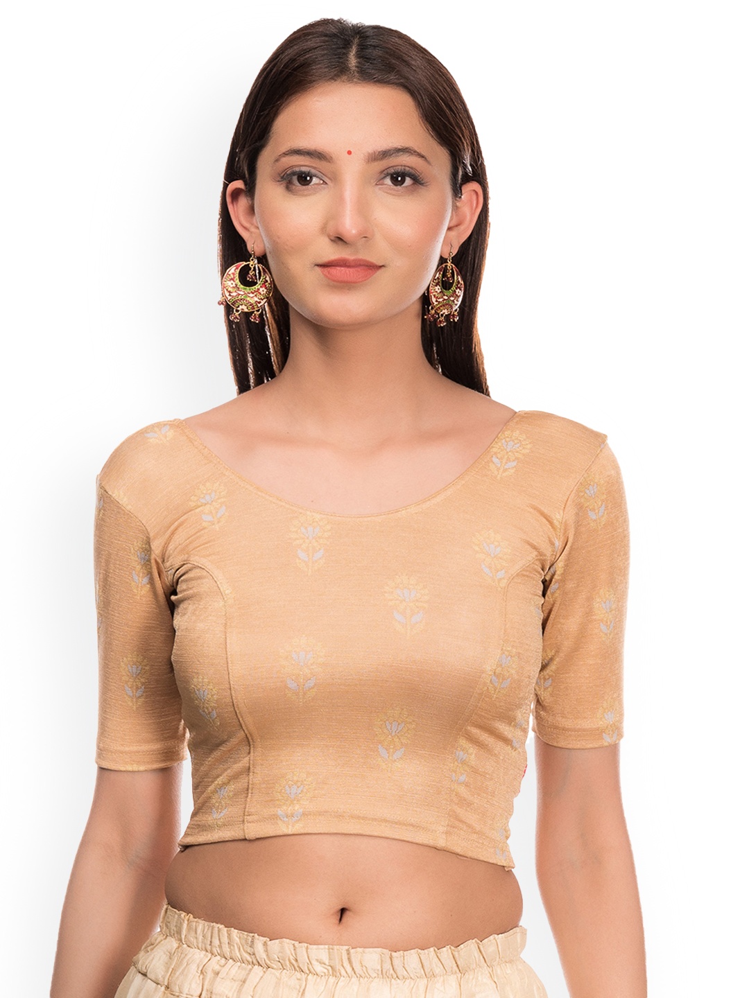 

Bindigasm's Advi Printed Stretchable Readymade Saree Blouse, Beige